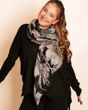 Metalic Floral Print Scarf - Black