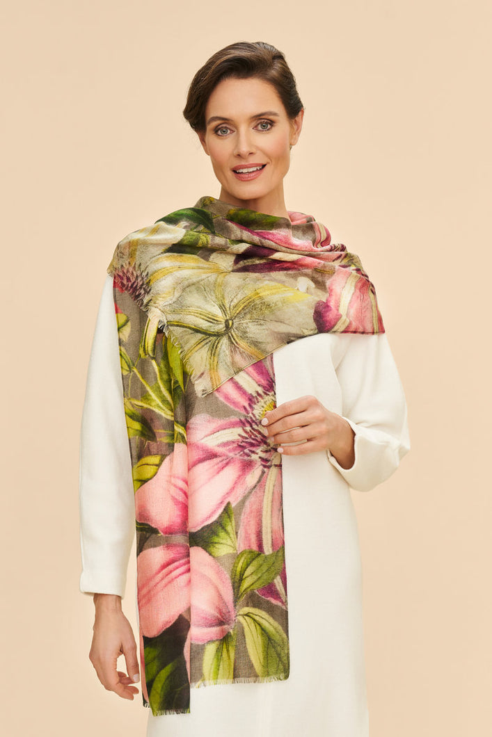 Powder Oversized Botanicals Fine Wool Scarf