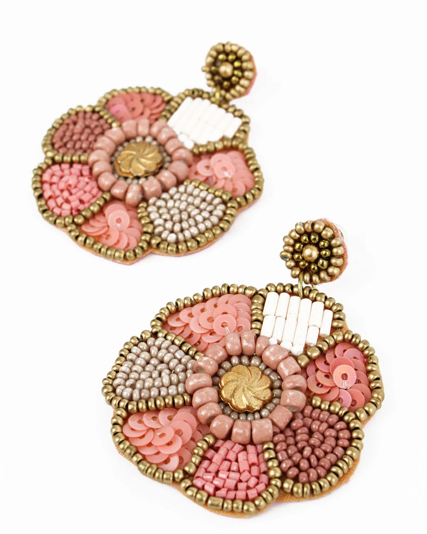 My Doris Beaded Flower Earrings - Pink/Gold