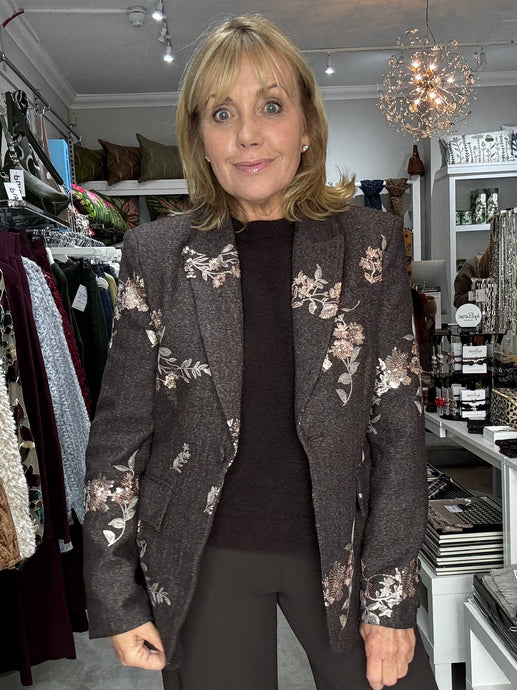 Floral Embroidered Blazer - Chocolate