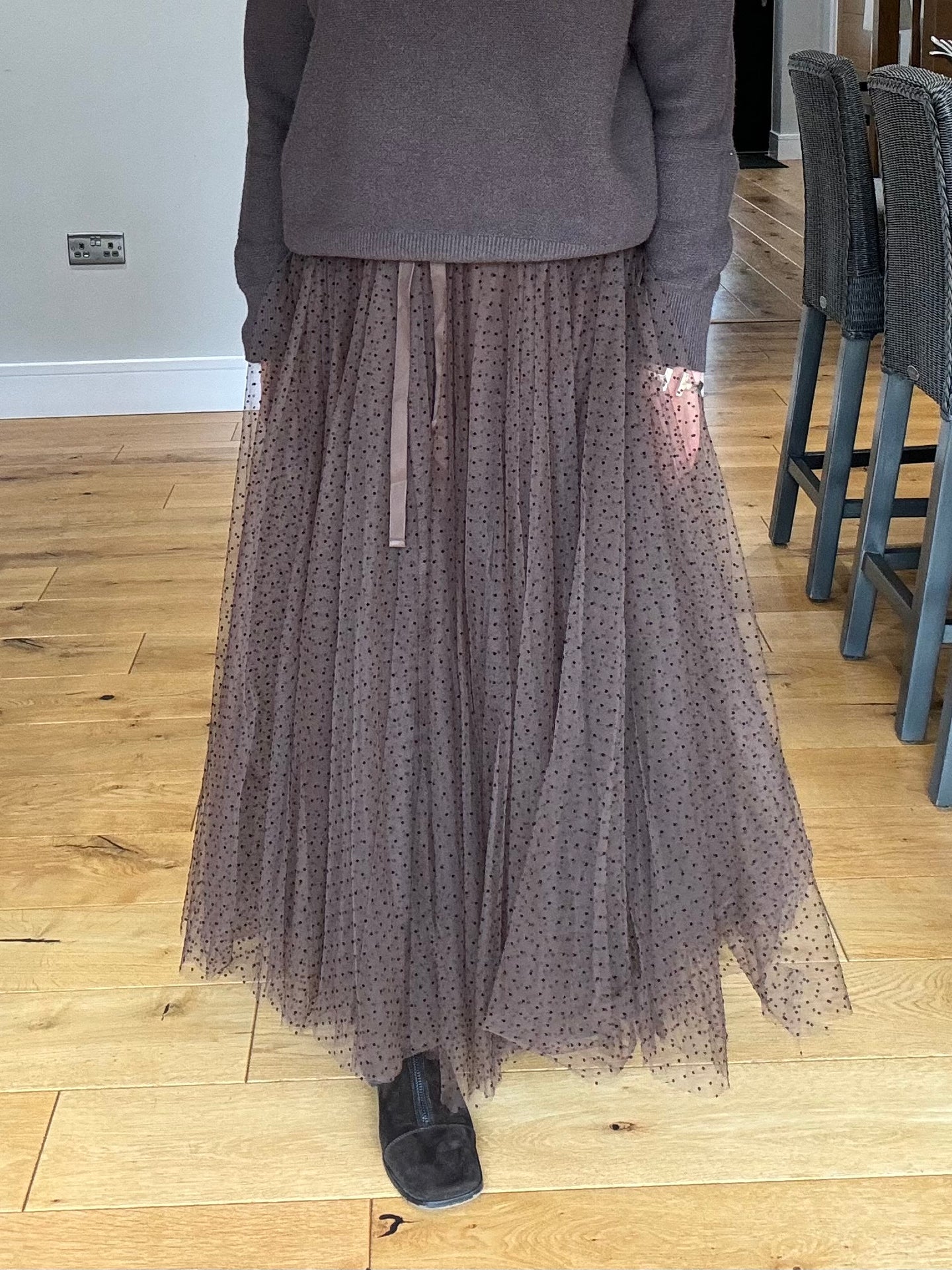 Choklate Polka Dot  Tulle Skirt - Brown