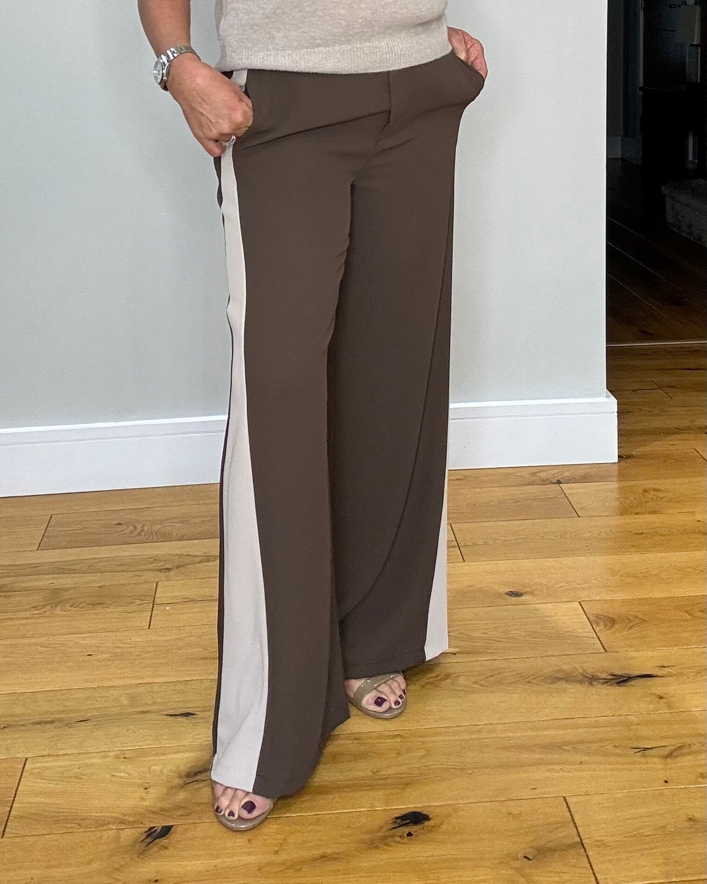 Gabby Contrast Stripe Trouser - Brown/Beige