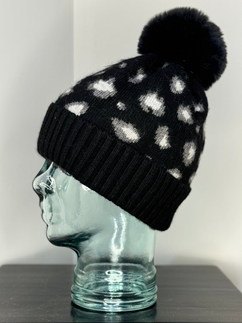 Animal Print Angora & Cashmere Bobble Hat - Black