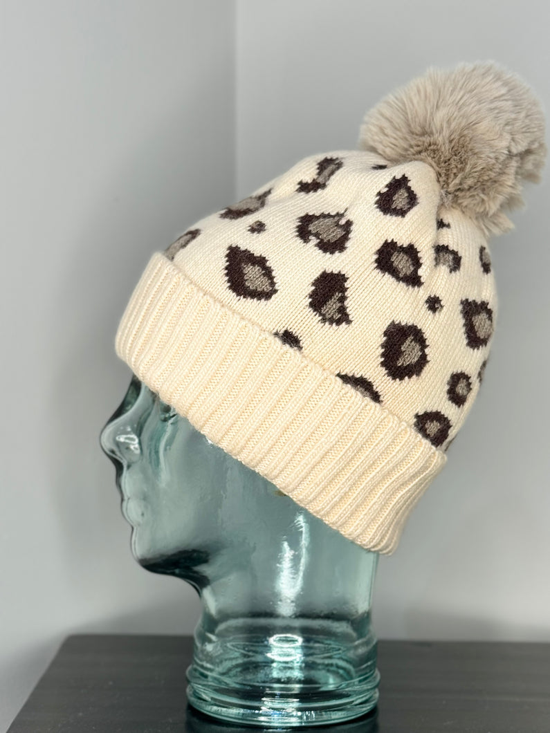 Animal Print Angora & Cashmere Bobble Hat - Cream