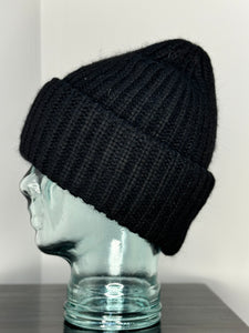 Ribbed Cashmere & Angora Beanie Hat - Black