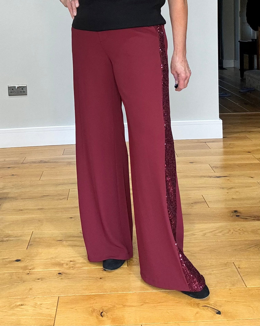 Gabby Sequin  Contrast Stripe Trouser - Burgundy