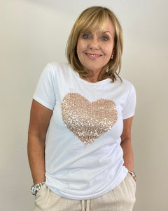 Sequin Heart Tee Shirt - Rose Gold