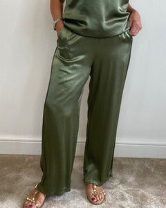 Grace - Satin Palazzo Trouser - Khaki