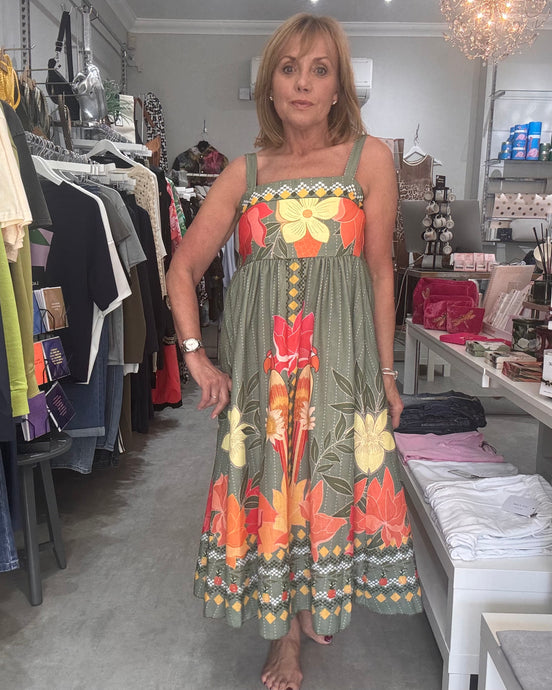 Tropical Print Dress - Soft Khaki