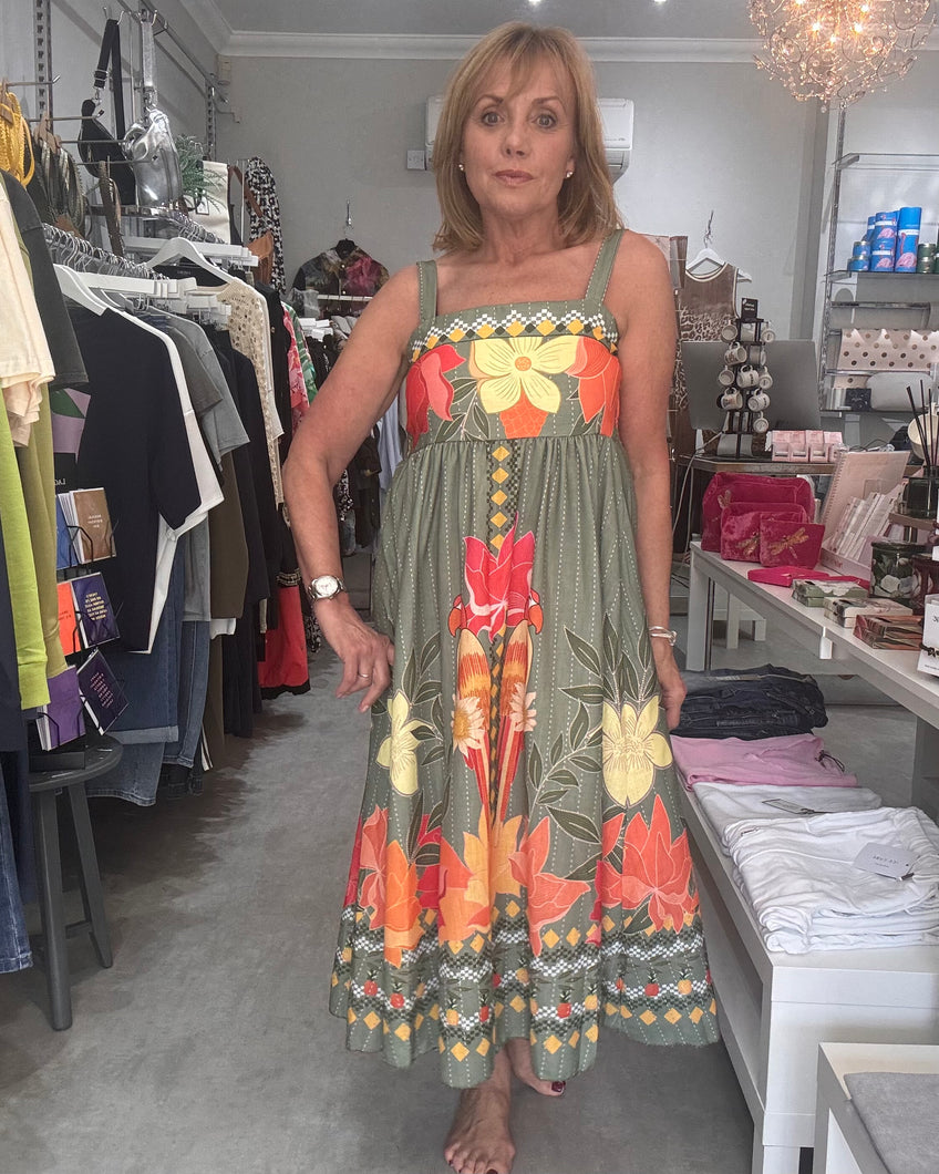 Tropical Print Dress - Soft Khaki
