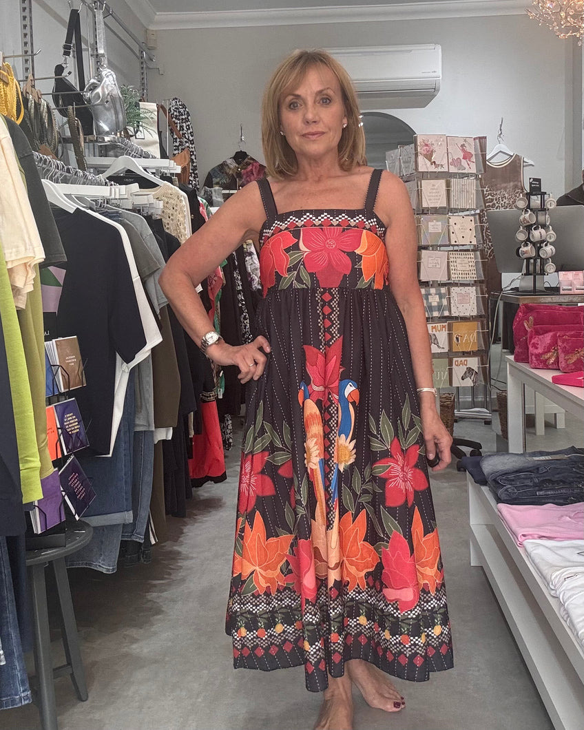 Tropical Print Dress - Black
