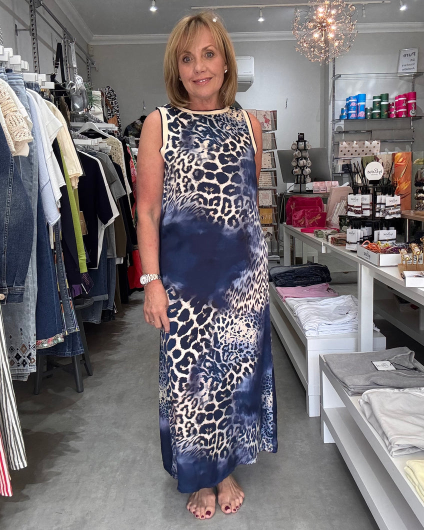 Animal Print Maxi Shift Dress - Navy