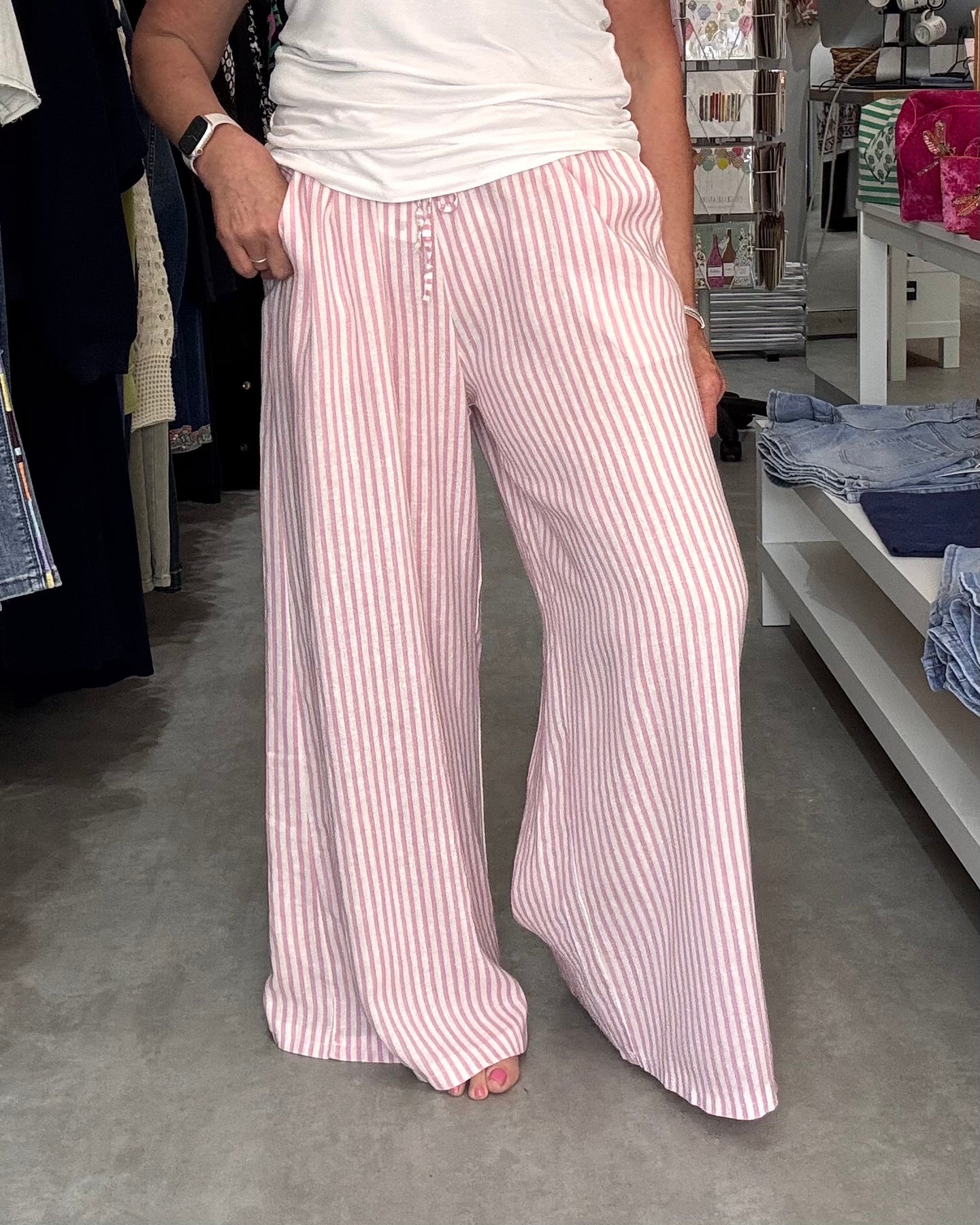 Candy Stripe Linen Palazzo Pant - Pale Pink