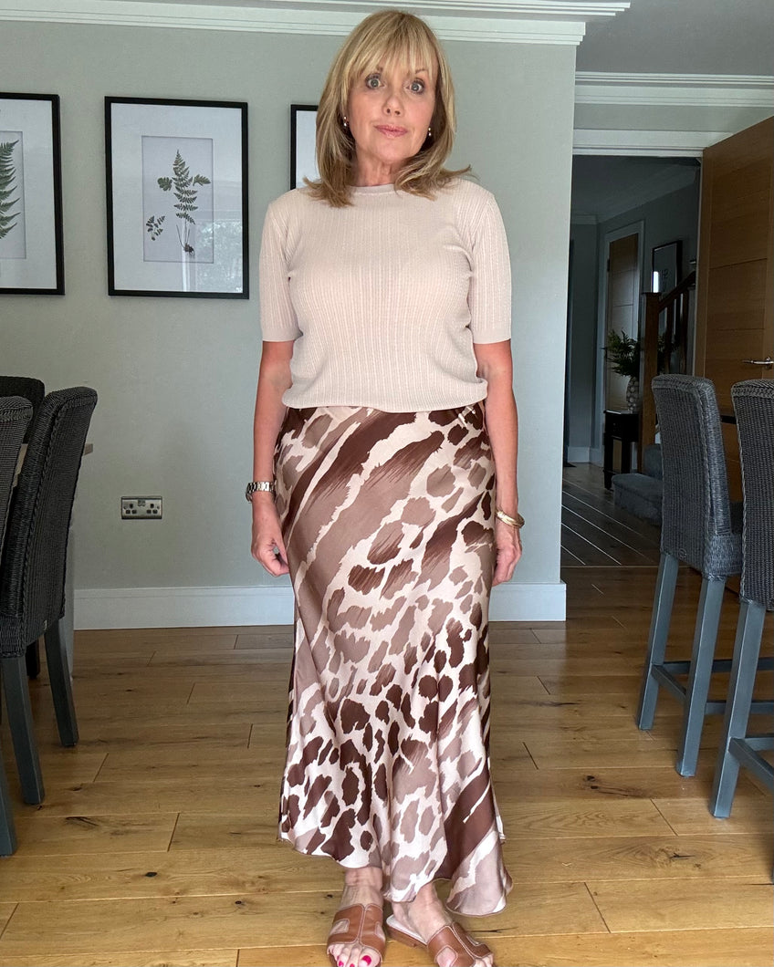 Animal Print Bias Cut Skirt - Brown/Beige