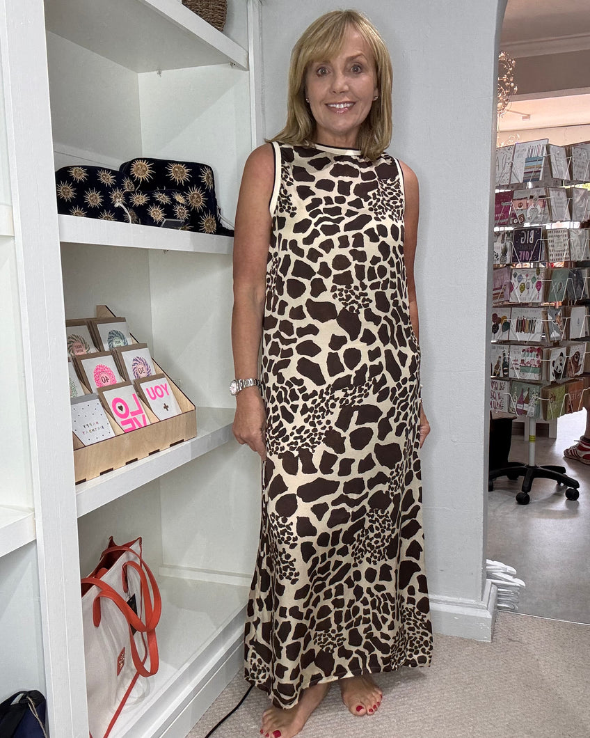 Animal  Print Maxi Shift Dress - Brown