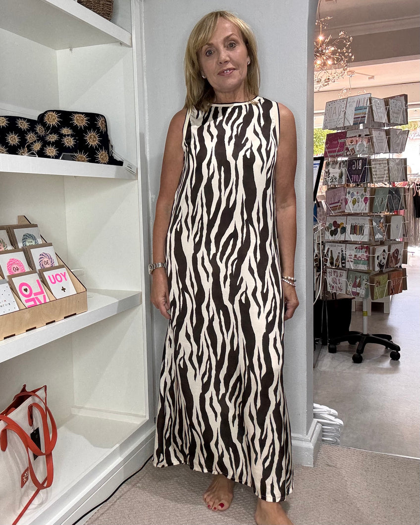 Zebra Print Maxi Shift Dress - Brown