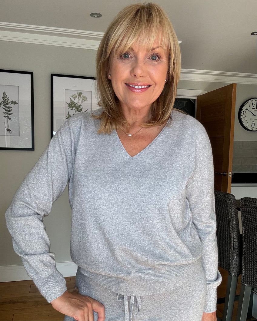 Ava Lurex V Neck Jumper - Grey