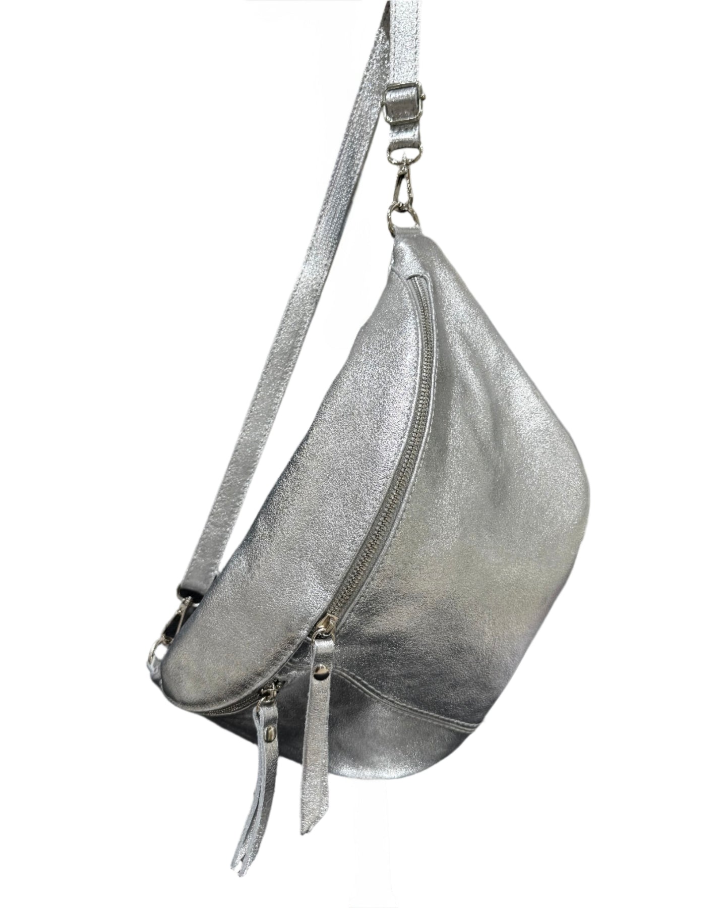 Large Leather Sling Bag - Silver