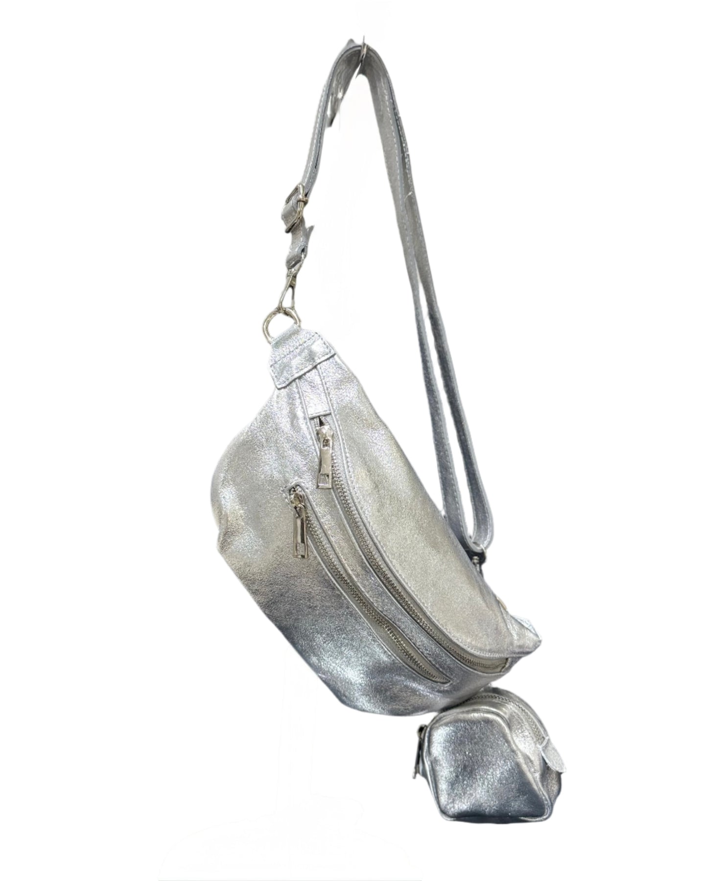 Leather Sling Bag with Purse - Silver