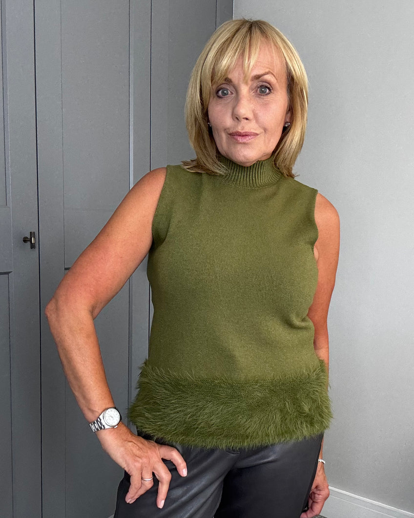 Ruby Fluffy Hem Sleeveless Jumper - Olive