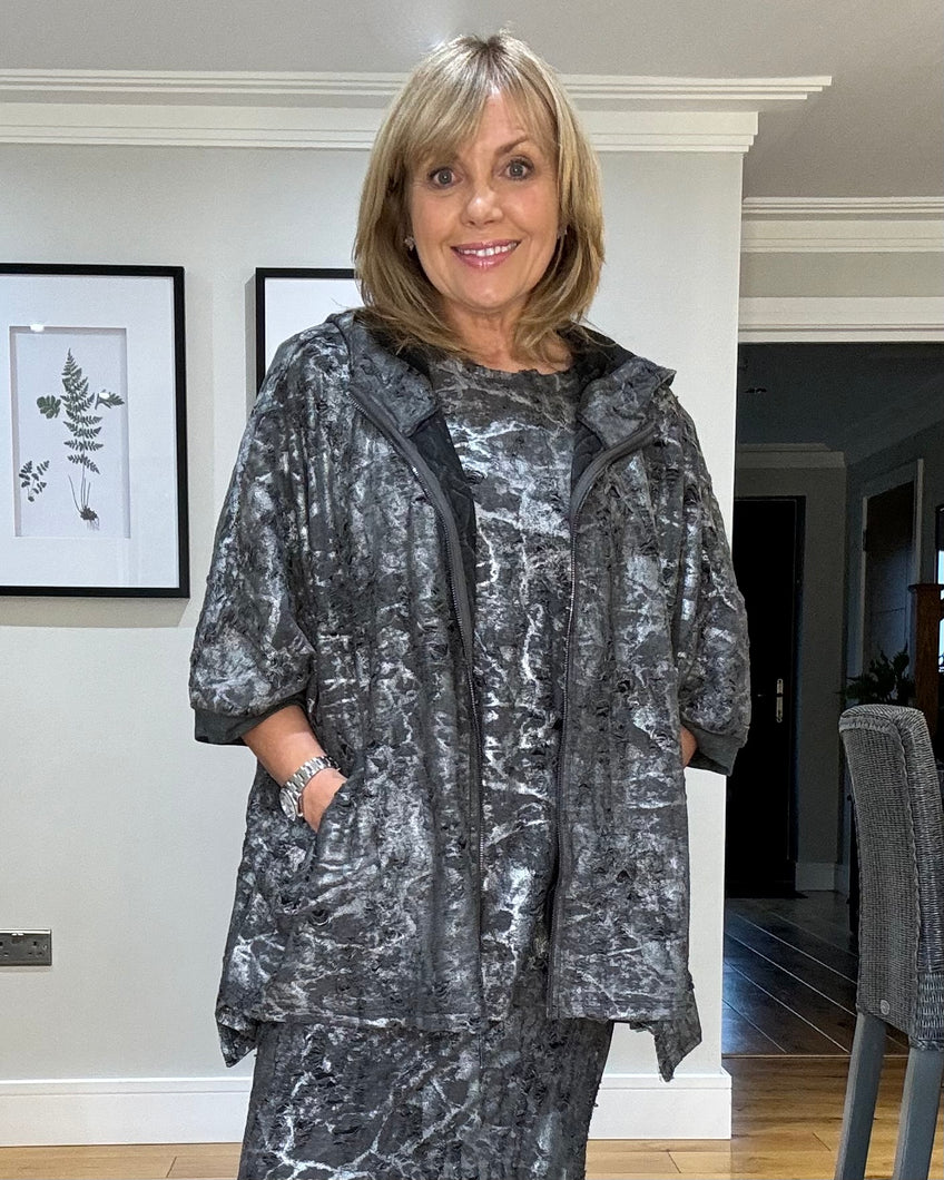 Malissa J Grey Distresssed & Metallic Hooded Jacket