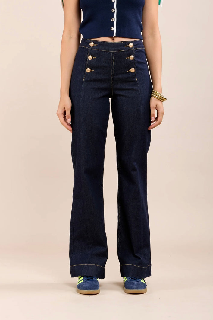 Toxik 3 Button Panel Flare Jeans - Dark Denim