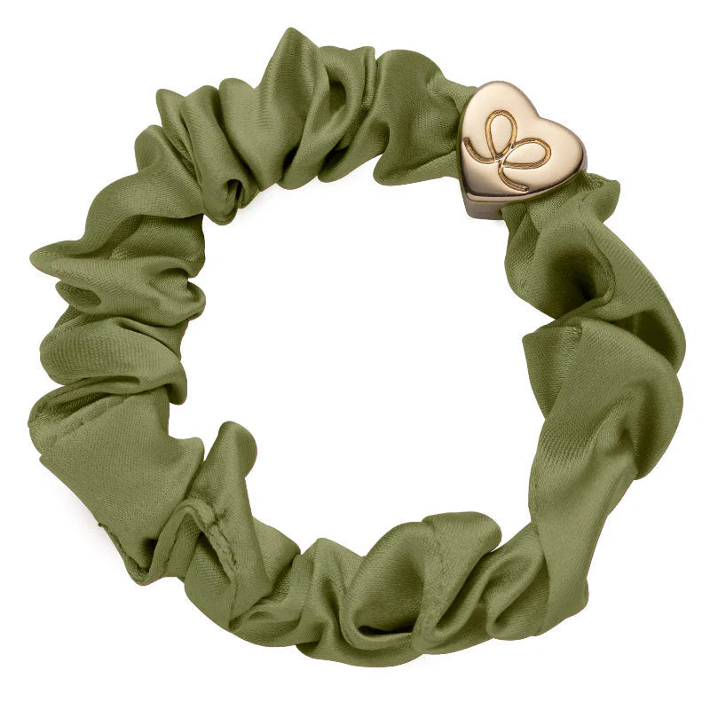 ByEloise - Gold Heart Silk Scrunchie - Olive Green