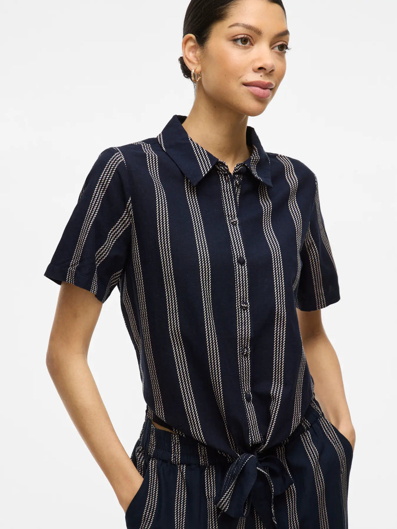 Vila Prisilla Pocket Top - Navy Blazer/Feather Grey Stripe