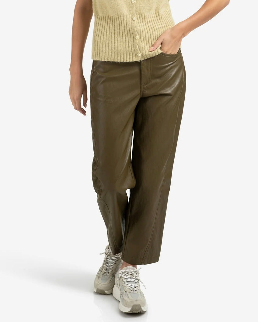 YAYA Faux Leather Trousers with Seam Detail - Brownish Green