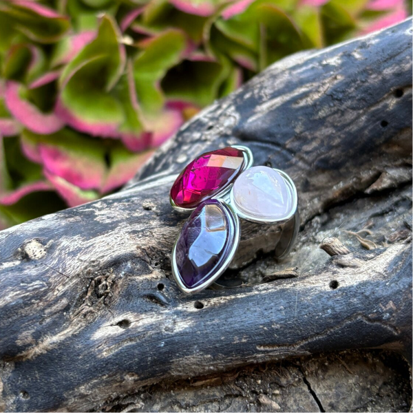 Ocean Ripples  - Stainless Steel Natural Stones Adjustable Ring
