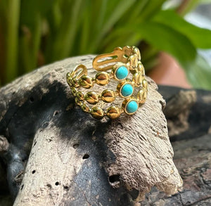 Ocean Ripples  -18ct Gold Plated Adjustable Turquoise Triple Band Ring