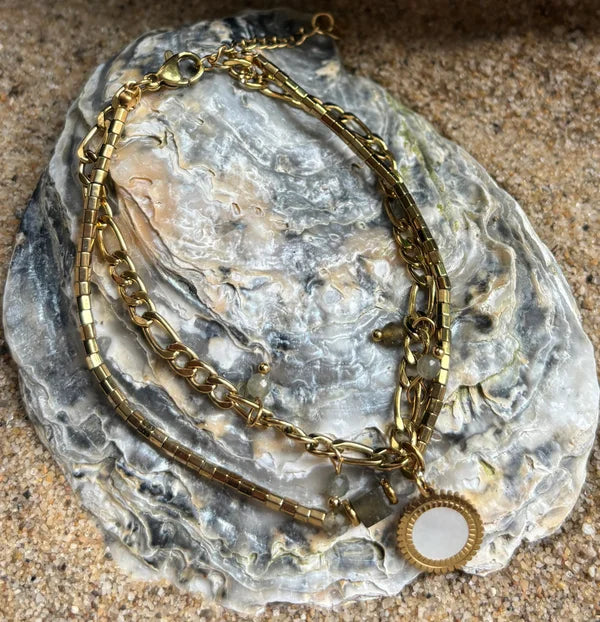 Ocean Ripples 14Cct Gold Plated Fresh Water Pearl Natural Stone Triple Chain Bracelet