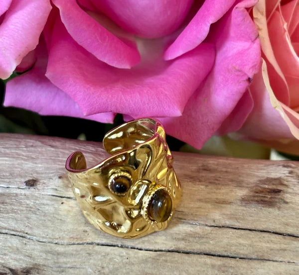 Ocean Ripples  -18ct Gold Plated Adjustable Tiger's Eye Hammered Ring