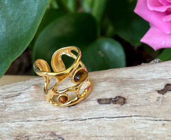 Ocean Ripples  - 18ct Gold Plated Adjustable Tiger's Eye Cage Ring