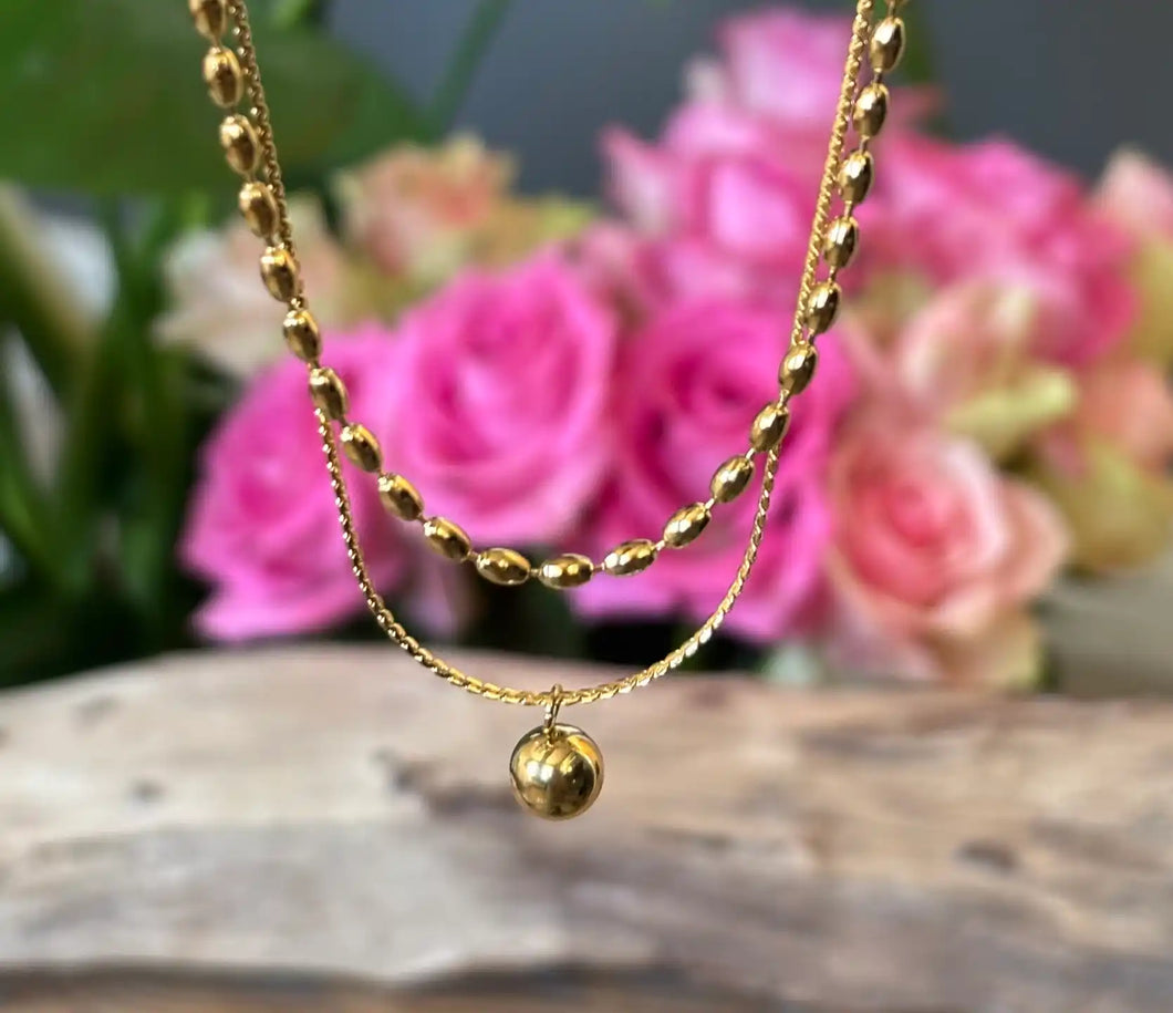 Ocean Ripples 18ct Gold Plated Ball Pendant Double Chain Necklace