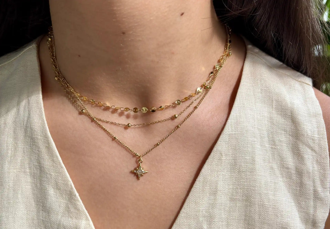 Ocean Ripples - 18ct Gold Plated Triple Chain Star Necklace