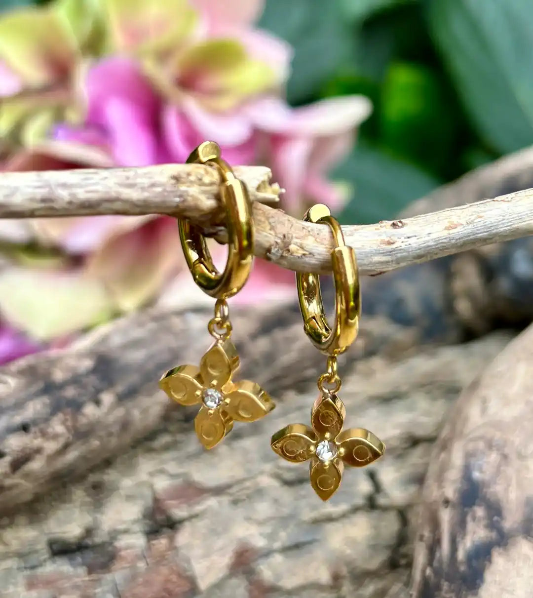 Ocean Ripples 18ct Gold Plated Cubic Zirconia Four Leaf Clover Huggie Earrings