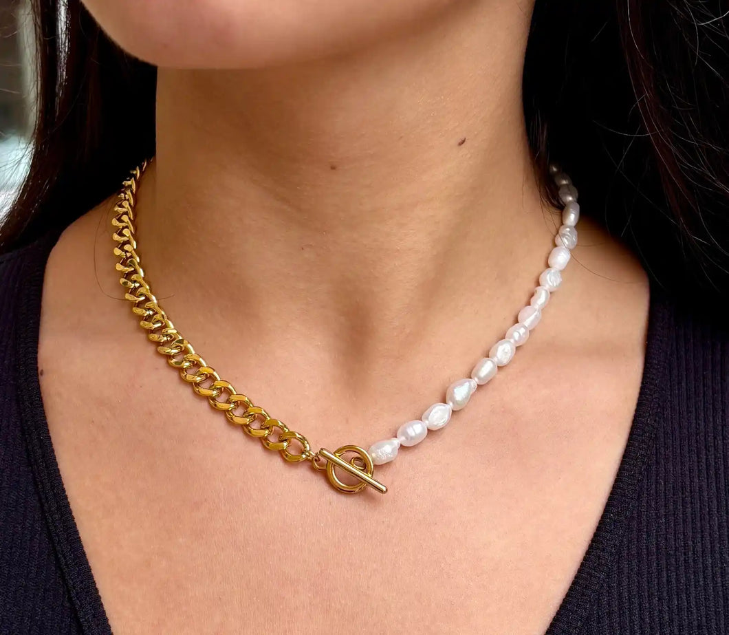 Ocean Ripples -18ct Gold Plated Fresh Water Pearl Chain T Bar Necklace