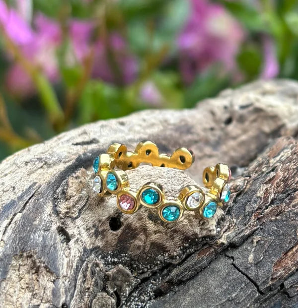 Ocean Ripples  -18ct Gold Plated Adjustable Cubic Zirconia Stackable Ring