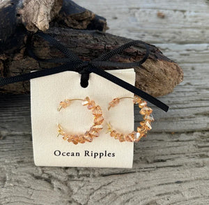 Ocean Ripples 14ct Gold Plated Tea Brown Glass Chips Hoop Earrings