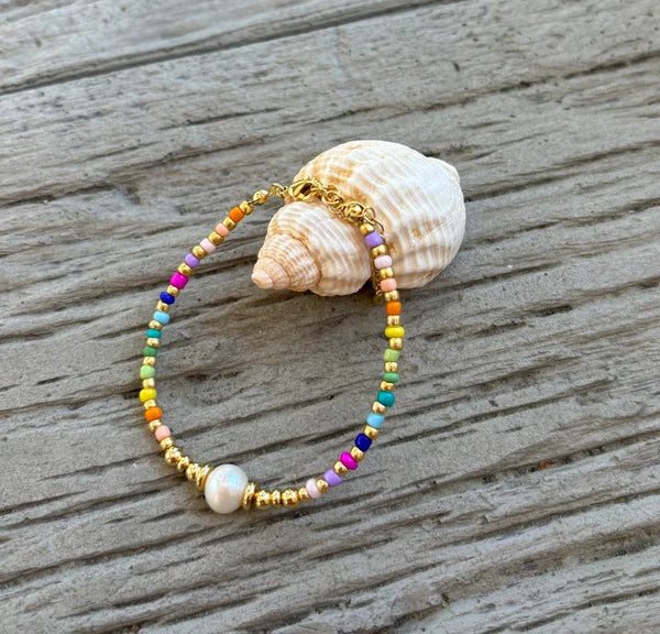 Ocean Ripples Fresh Water Pearl Miyuki Rainbow Beads Bracelet - Gold