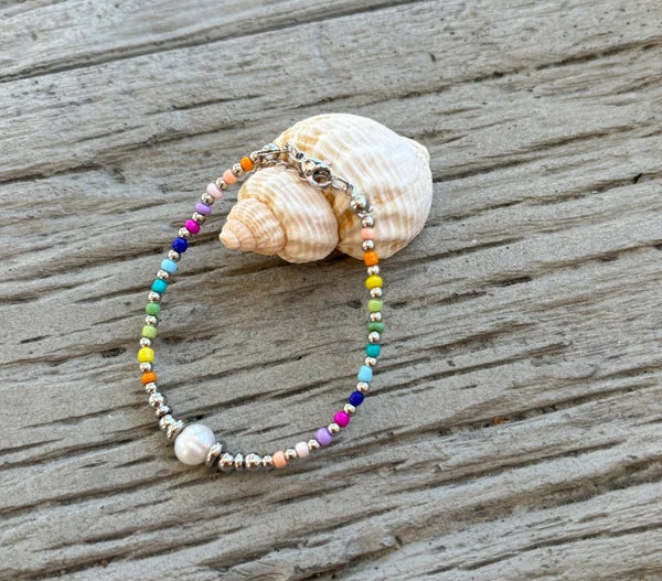 Ocean Ripples Fresh Water Pearl Miyuki Rainbow Beads Bracelet - Silver