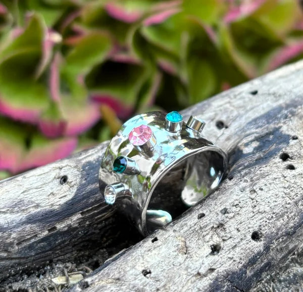 Ocean Ripples  - Stainless Steel Multi Colour Cubic Zirconia Hammered Adjustable Ring