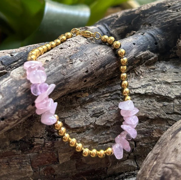 Ocean Ripples18ct Gold Plated Rose Quartz Chips Bracelet