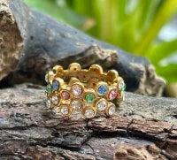 Ocean Ripples  -18ct Gold Plated Multi Colour Cubic Zirconia Stackable Adjustable Ring