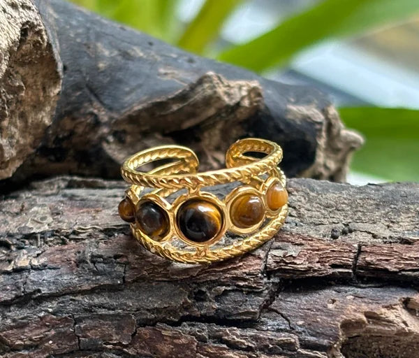 Ocean Ripples  - 18ct Gold Plated Tiger Eye Adjustable Ring