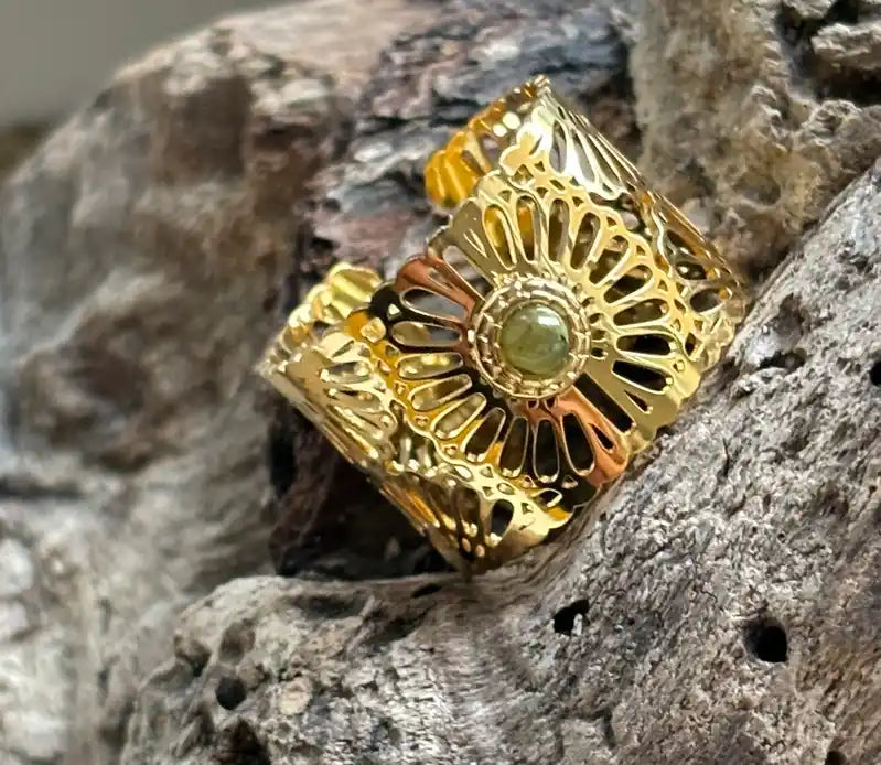Ocean Ripples  -18ct Gold Plated Aventurine Hollow Adjustable Ring
