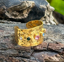 Load image into Gallery viewer, Ocean Ripples  -18ct Gold Plated Multi Colour Cubic Zirconia Hammered Adjustable Ring