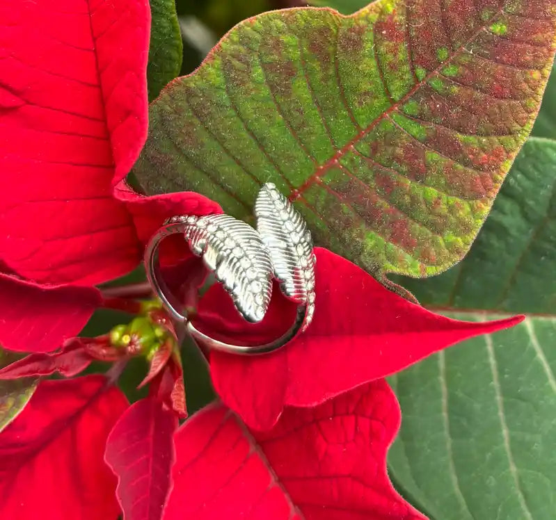 Ocean Ripples  - Stainless Steel Adjustable Cubic Zirconia Feather Ring