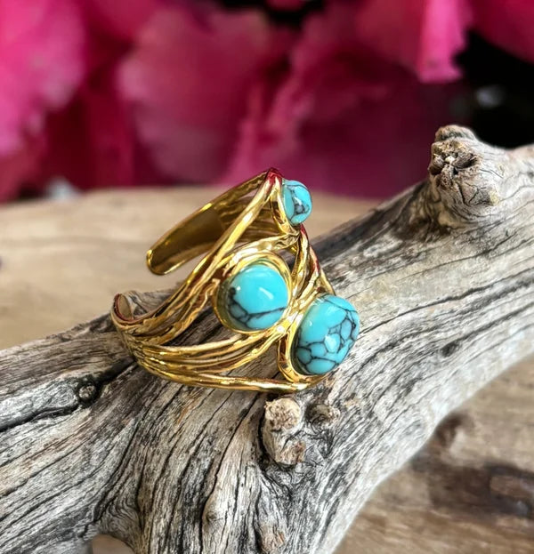 Ocean Ripples  - 18ct Gold Plated Turquoise Multi Band Adjustable Ring